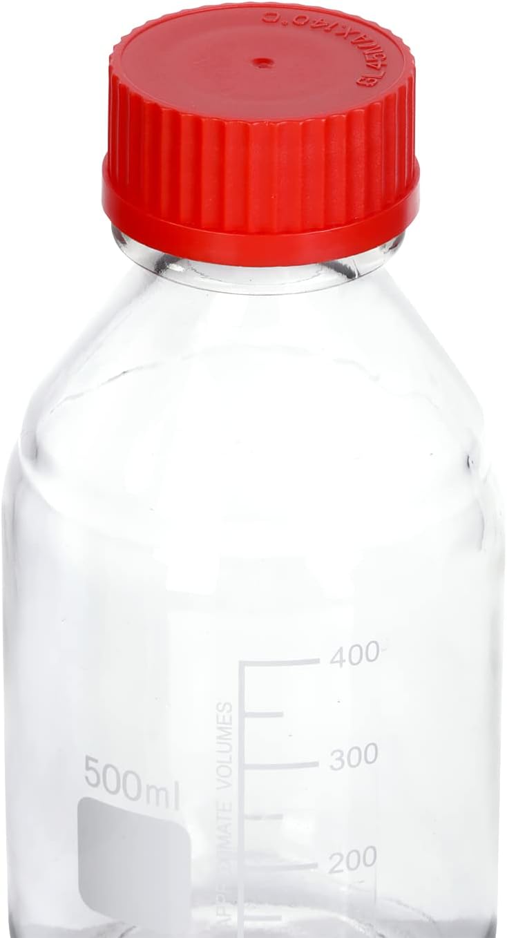Pastein 8 Pieces 500 mL Graduated Round Reagent Media Bottle Storage Glass Bottle with GL45 Red Screw Cap - Image 1